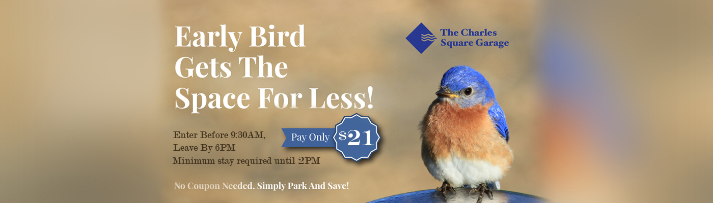 Early bird get the space for less Enter before 9:30AM Leave by 6:00PM pay only $21 No coupons needed Simply park and save